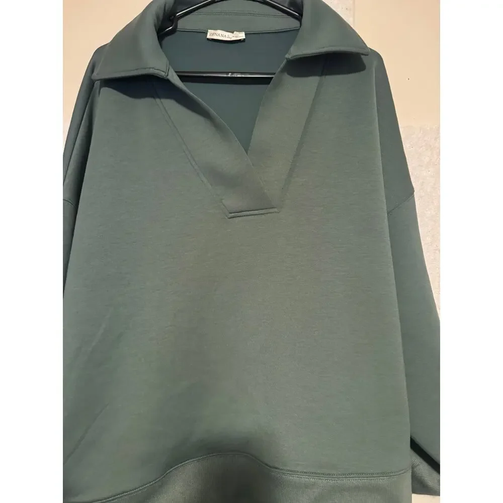 Zenana Green Polo Neck Women's Sweatshirt Matching Set Inseam 3, Pants 34